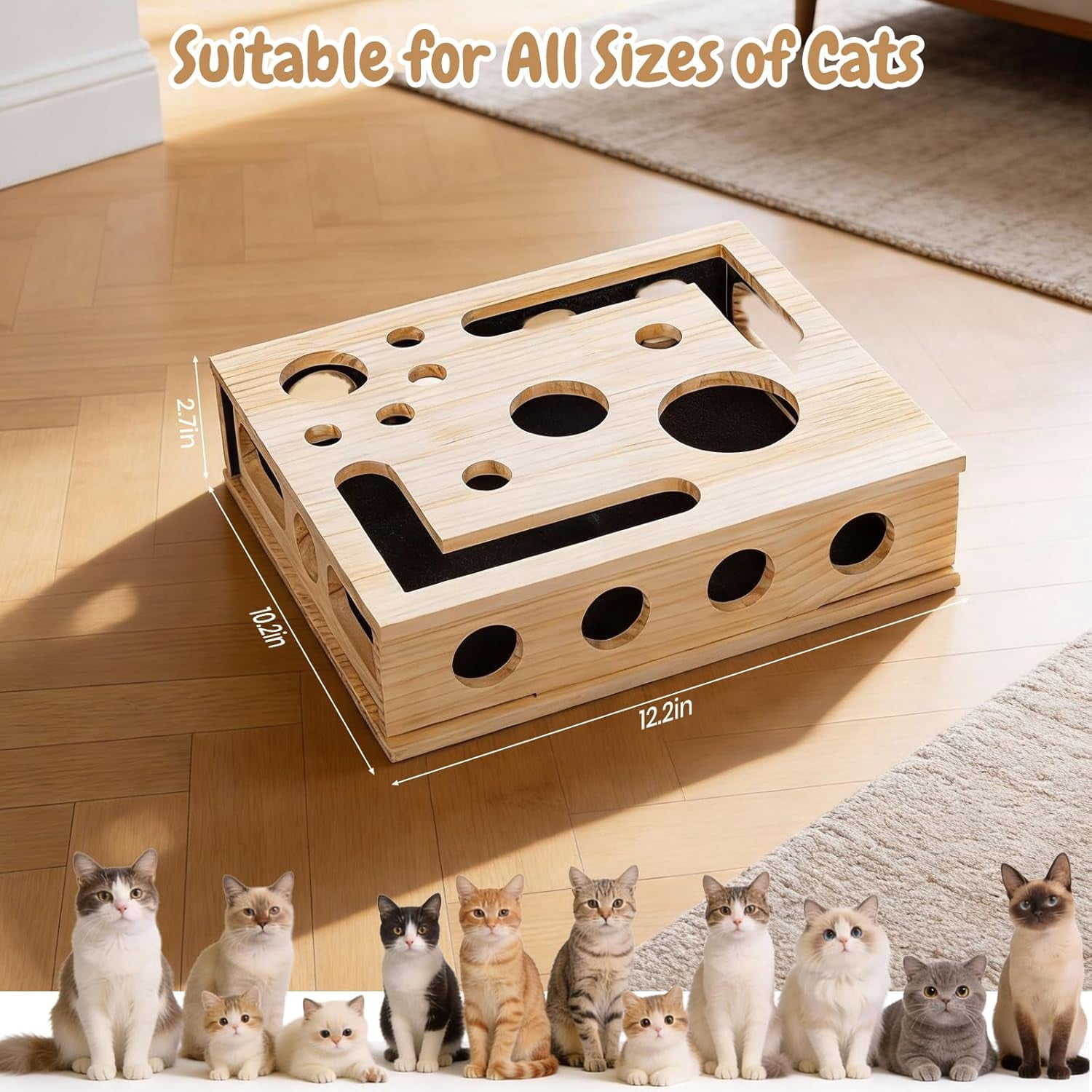 Cat Toys for Indoor Cats - Interactive Box Puzzle Toy Nail File Scratcher Hunting Play Toy with 3 Jingle Balls & 1 Feather Wand, Wooden Puzzle Treat Toy Box Energize Cat Instincts for Bored Cats