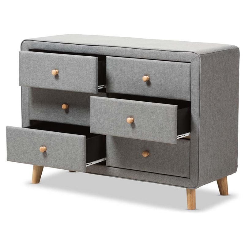 Hawthorne Collection 6 Drawer Fabric Upholstered Dresser In Gray