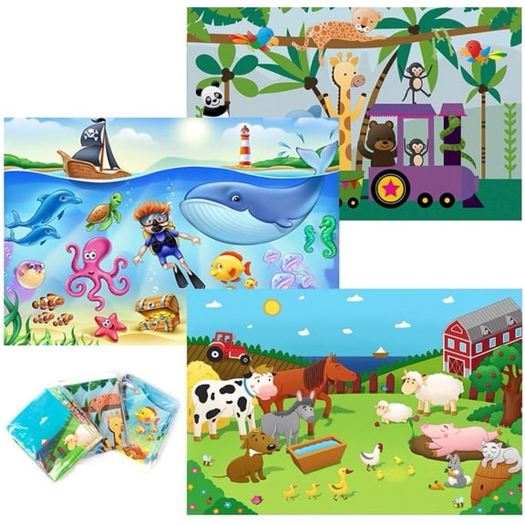 40 Pack Disposable Placemats for Baby, 3 Design Pack Baby Eating Mat, 12" x 18" Sticky Kids Placemat, Toddler Place mat for Restaurants, Plastic Kids Placemats for Dining Table