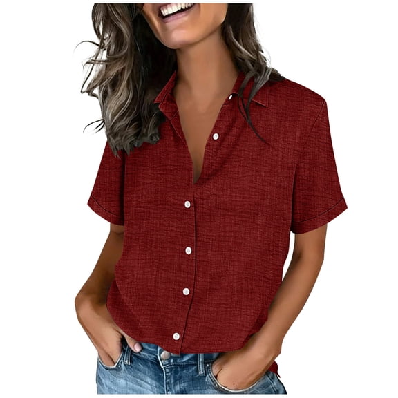 Lenpel Button down Shirts for Women Short Sleeve Collared Curved Hem Dressy Business Casual Tunic Tops Loose Work Blouses
