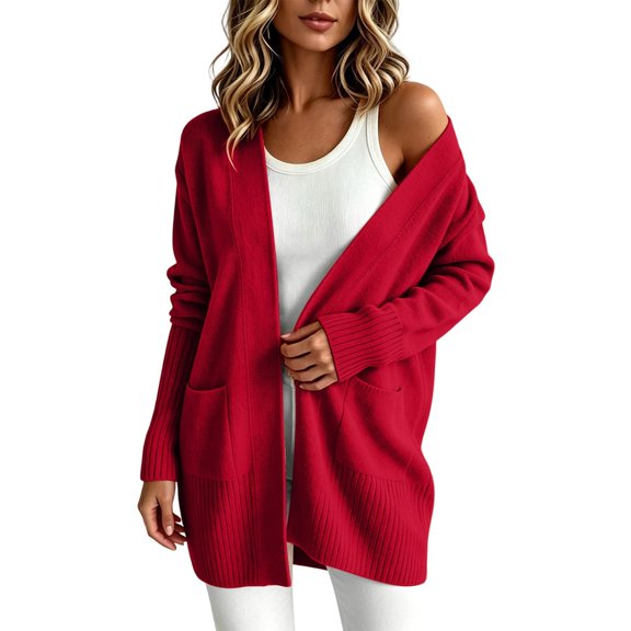 COMVALUE Women's Classic Cardigans Long Sleeve Open Front Casual Knit Cardigan Sweaters Coat Soft Outwear (Red, XL)