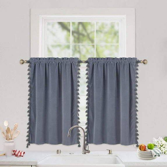 Shininglove Windows Boho Tassels Heavyweight Café Curtains, 26" W x 30" L, Grey, Set of 2