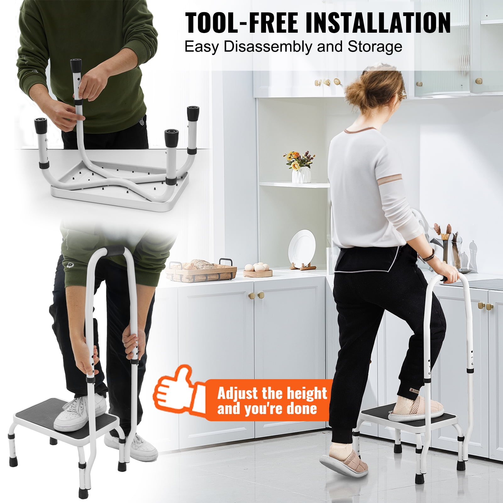 VEVOR Step Stool 1-Step 330lbs Capacity, 3 Adjustable Height with Handle Steel Step Ladder, Portable Step Stools for Adults, Non-Slip Sturdy Step Ladders for Office, RVs, Pets