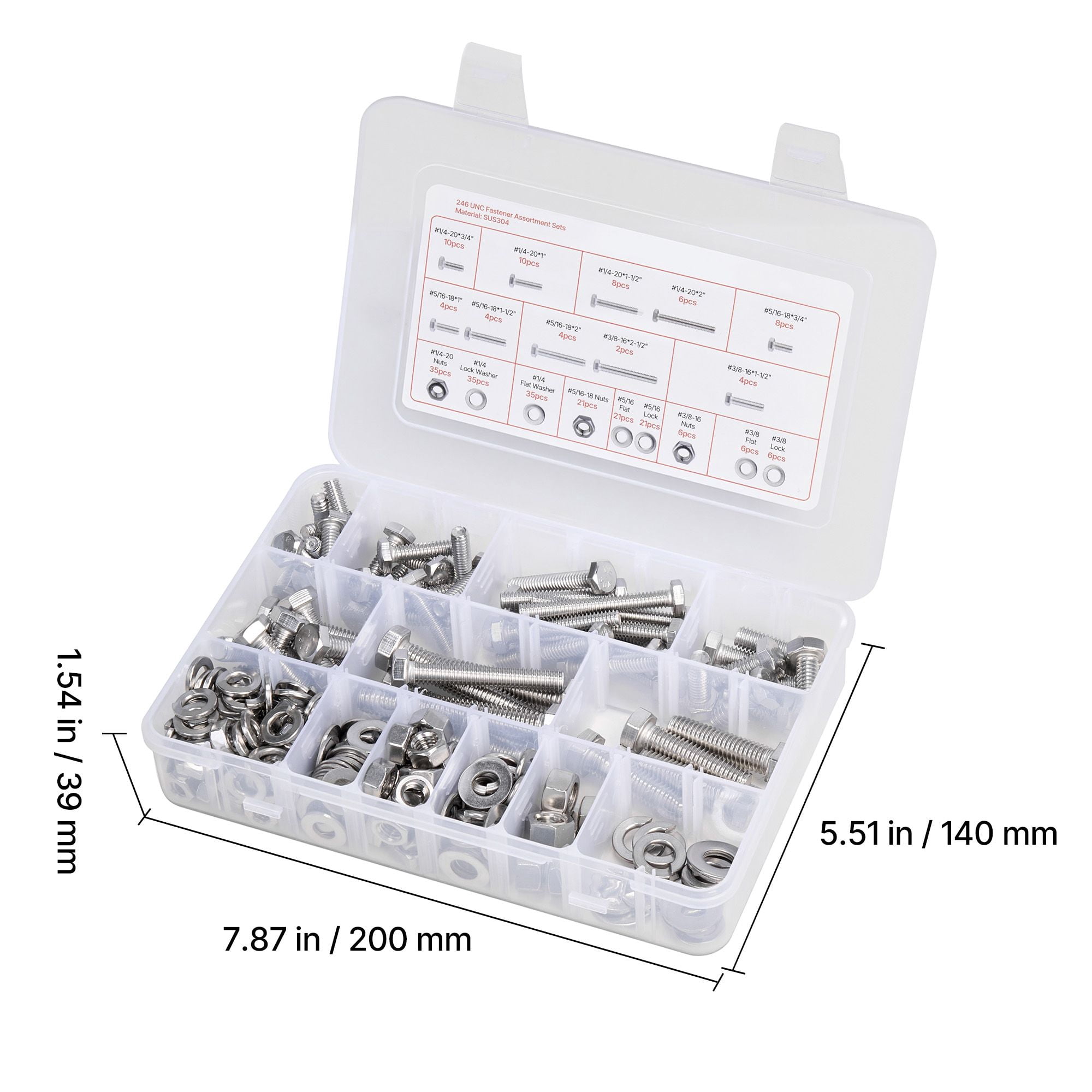Bolts and Nuts Set 246-Piece Stainless Steel 3 Sizes #1/4-20 #5/16-18 #3/8-16 Adjustable Storage Box A2-50 Grade for Home Repair DIY