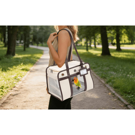 Stylish Bird Carrier with PU Leather Handle, Portable Travel Cage for Cockatiels & Conures, Lightweight Parrot Bag with Stainless Steel Tray, Vet Visit, White