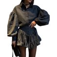 thumbnail image 3 of Women'S Elegant Two Piece Set Plaid Design with Ruffle Short Skirt High-End Office Outfit Dark Gray L, 3 of 9