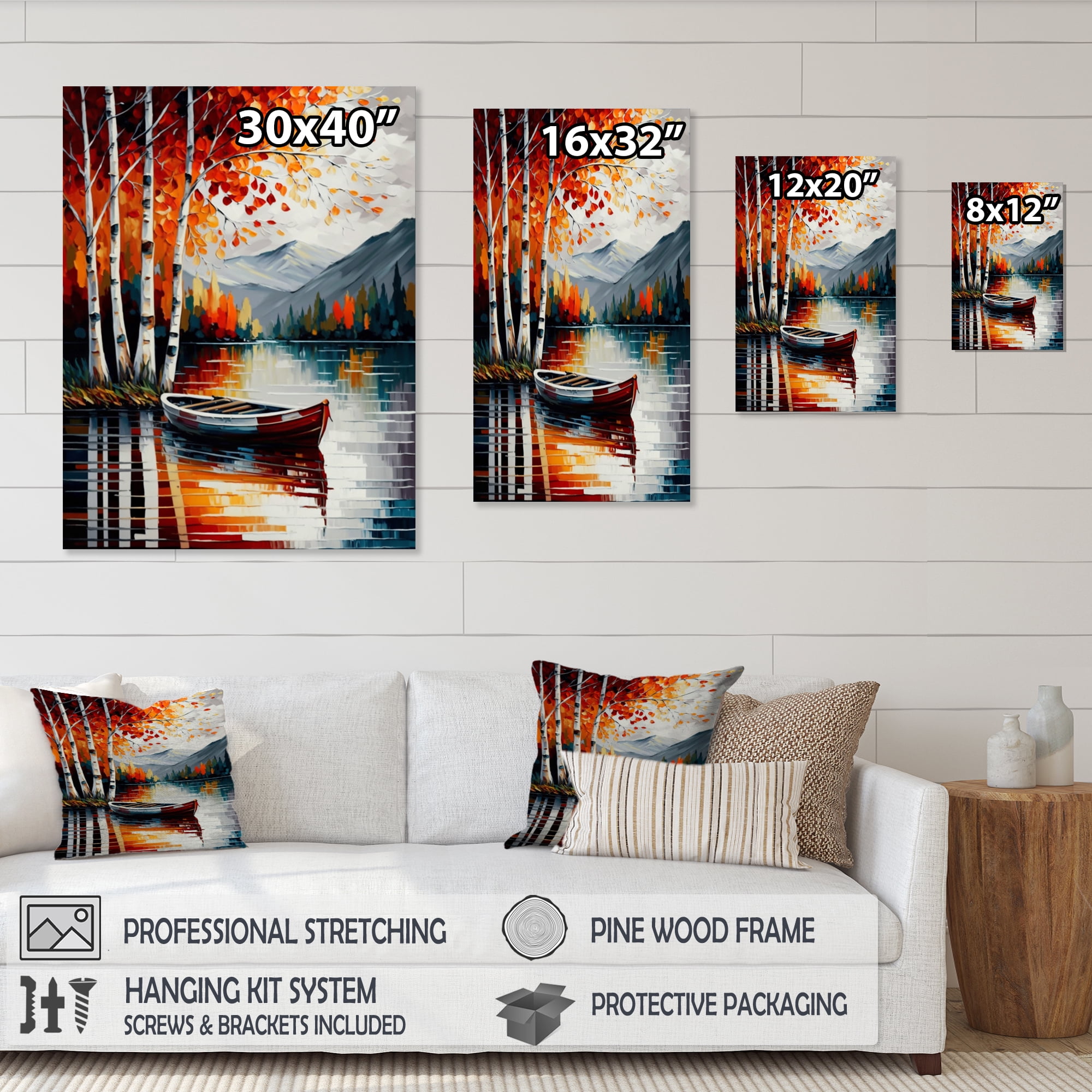 Designart Red And Orange Birch Trees By The Lake X Canvas Wall Art