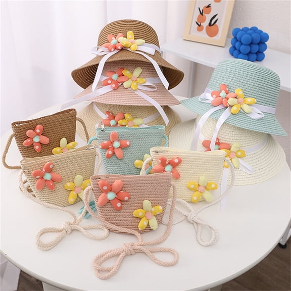 Kids Sun Hat Tea Party Garden Party Hats Easter Summer Straw Hat Bag Set Woven Wide Brim Sun Beach Hats With Shoulder Bag Outdoor Outfit Set for Girls Kids