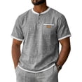 thumbnail image 3 of Cotton Linen Shirts for Men Short Sleeve Collarless Button Henley Shirt Casual Beach Oversized T-Shirts with Pockets,Gray,2XL, 3 of 8