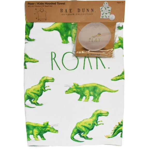 Rae Dunn: Roar Kids Hooded Towel & 12" Beach Ball - Dinosaur 48"x 24" Poncho, Cotton Terry Beach Cover Up, Toddler 3 