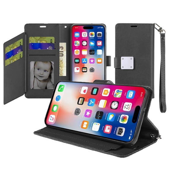 Extra Series Essential Leather Wallet Stand Case for iPhone 16 Plus - Black