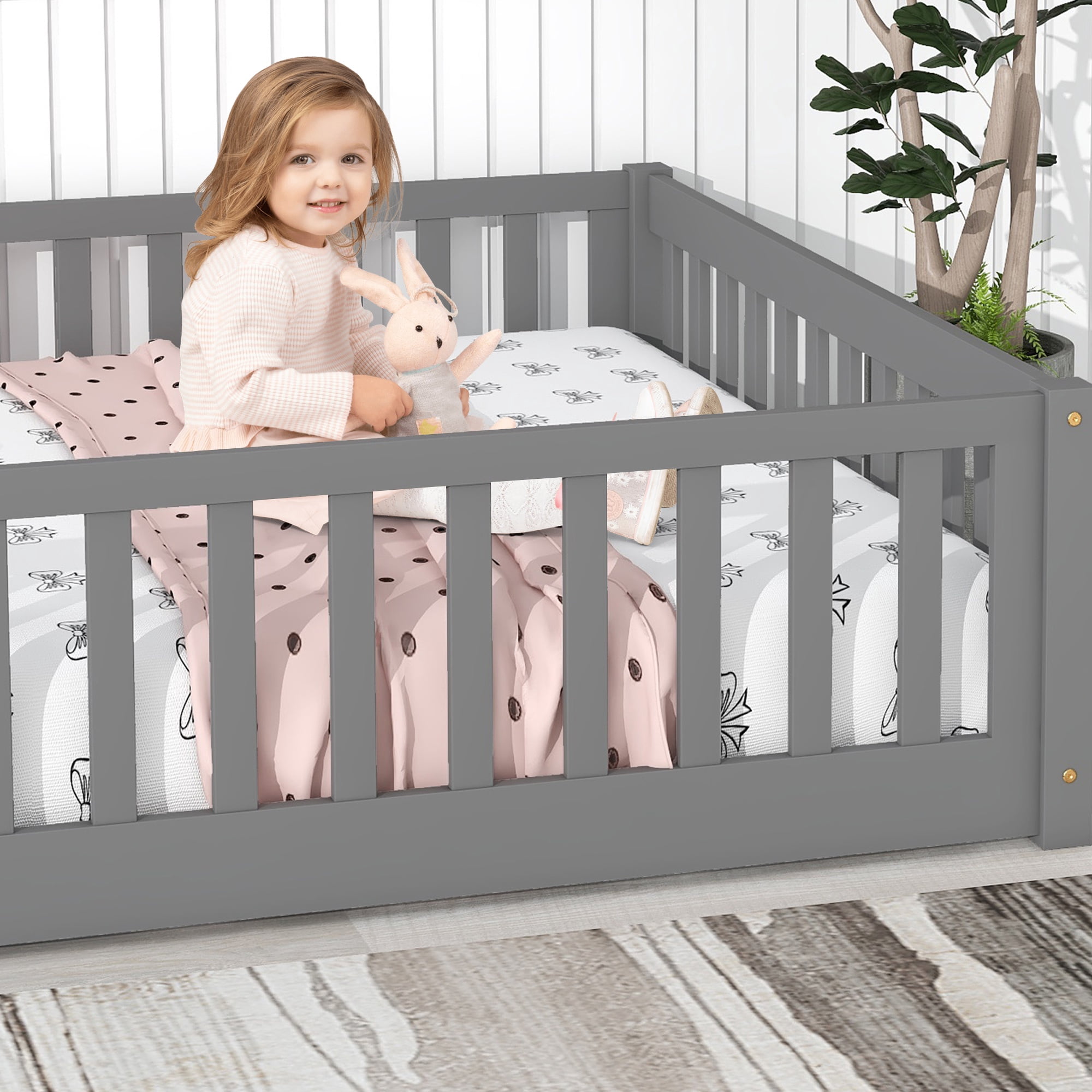 UHOMEPRO Twin Size Floor Bed with Fence and Door, Low Profile Montessori Floor Bed for Crib Transition, Solid Wood Cute Bed Frame with Slats Supports, Easy Assembly, No Box Spring Needed, Grey