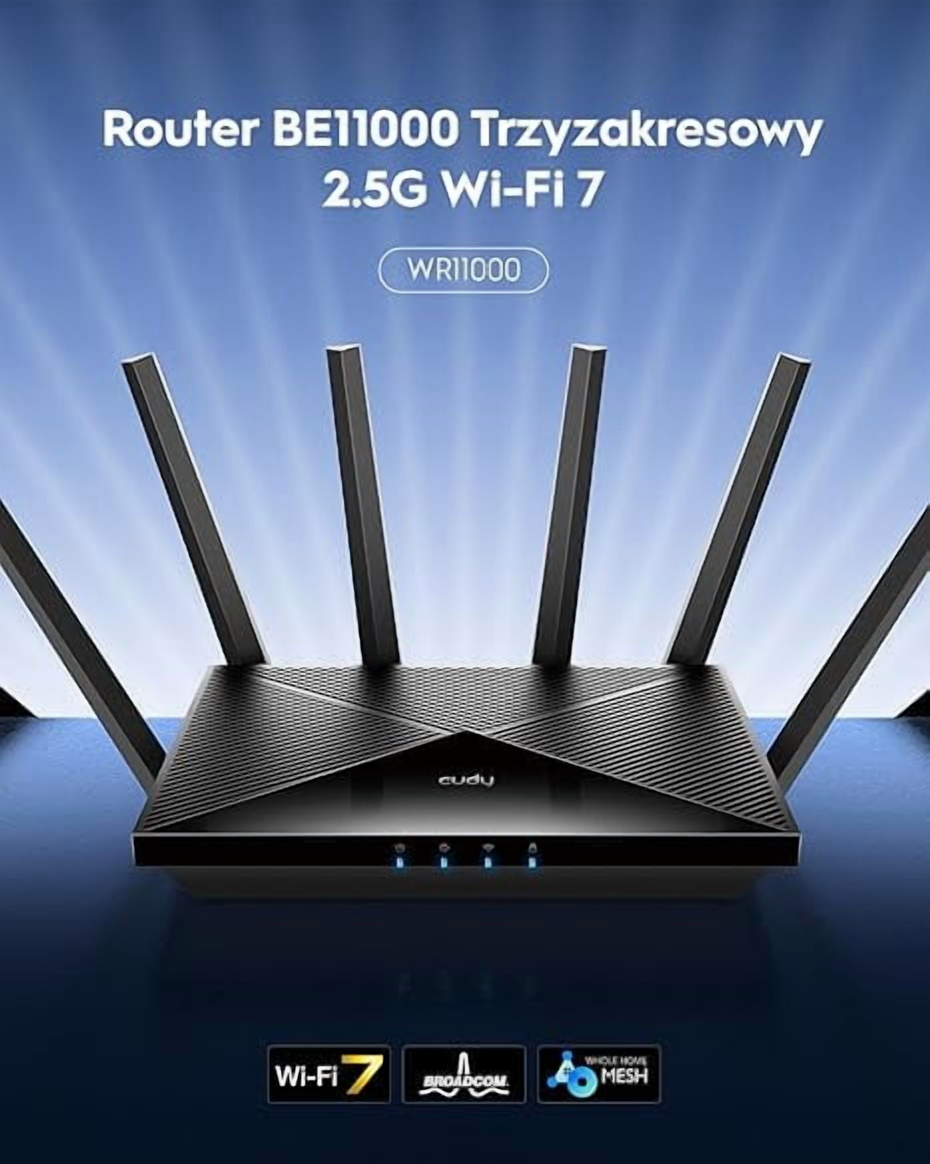 Cudy Tri-Band WiFi 7 BE11000 Router, 6-Stream 10 Gbps, 4 × 2.5G Ports, Up to 11000Mbps, VPN Server and Client, Cudy APP and Mesh, 6 × High-gain Antennas, WR11000