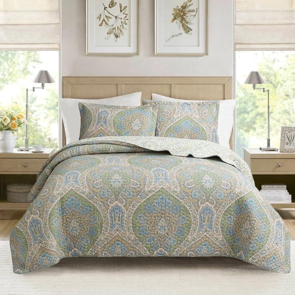 Cozy Line Home Fashions Tweedia Blue Green Floral Paisley Damask 3 Piece Cotton Quilt Bedding Set