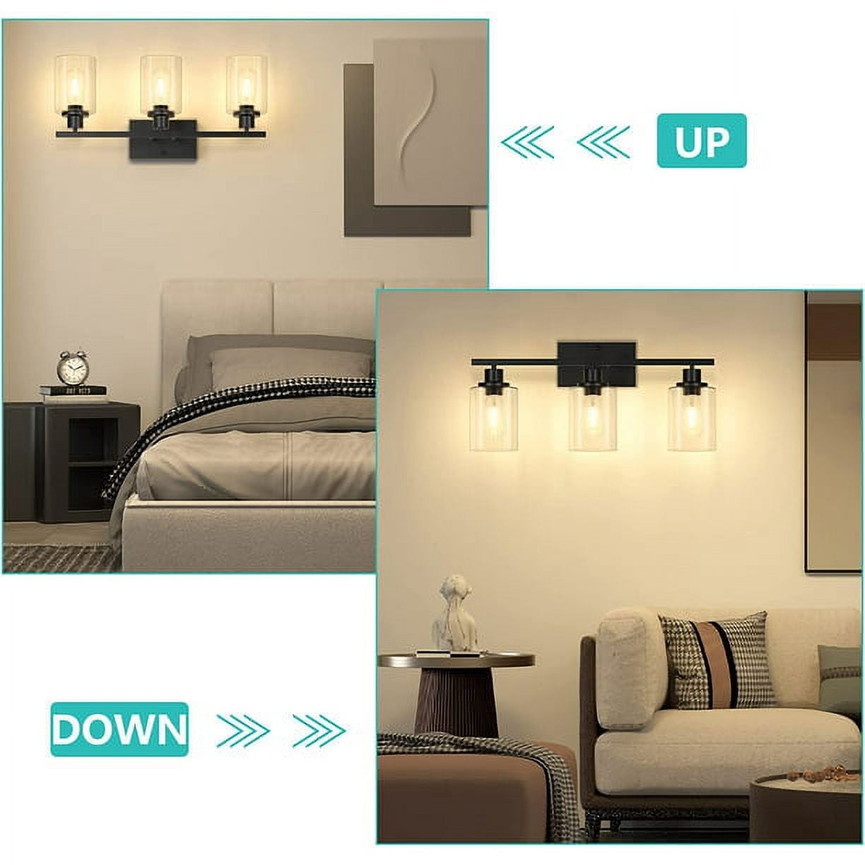 Bathroom Light Fixtures 3 Light Matte Black Vanity Light Vintage Wall Sconces Lighting Modern Bath Wall Mounted Lights with Glass