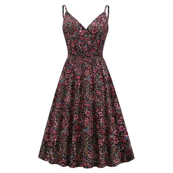 IROINNID Women's Retro Summer Casual Floral Sleeveless Fashion V-Neck Party Dress A-Line Prints Dress