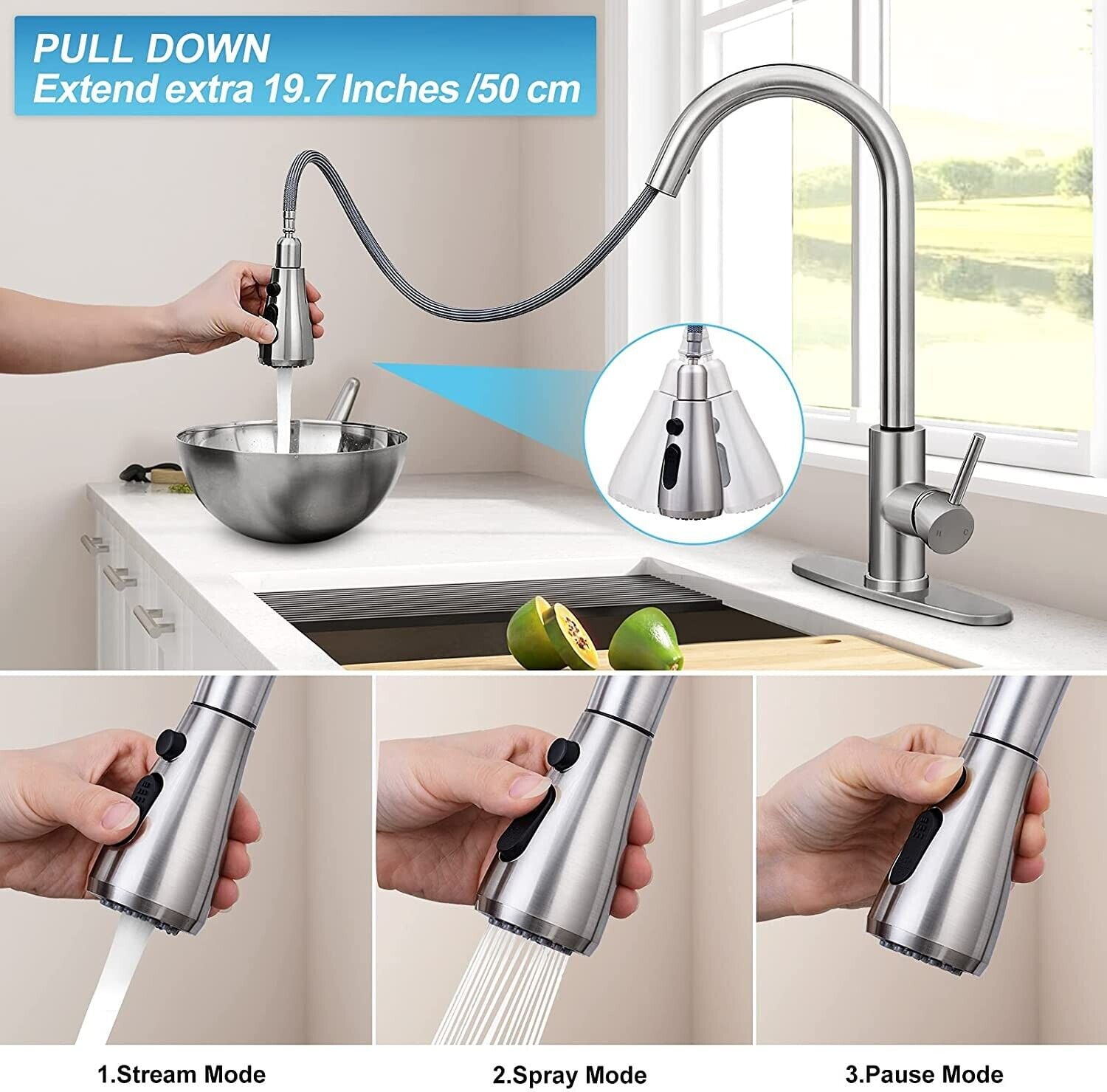 Zovajonia Kitchen Sink Faucet  Pull Down Sprayer with Cover&Soap Dispenser Sink Faucet Brushed Nickel