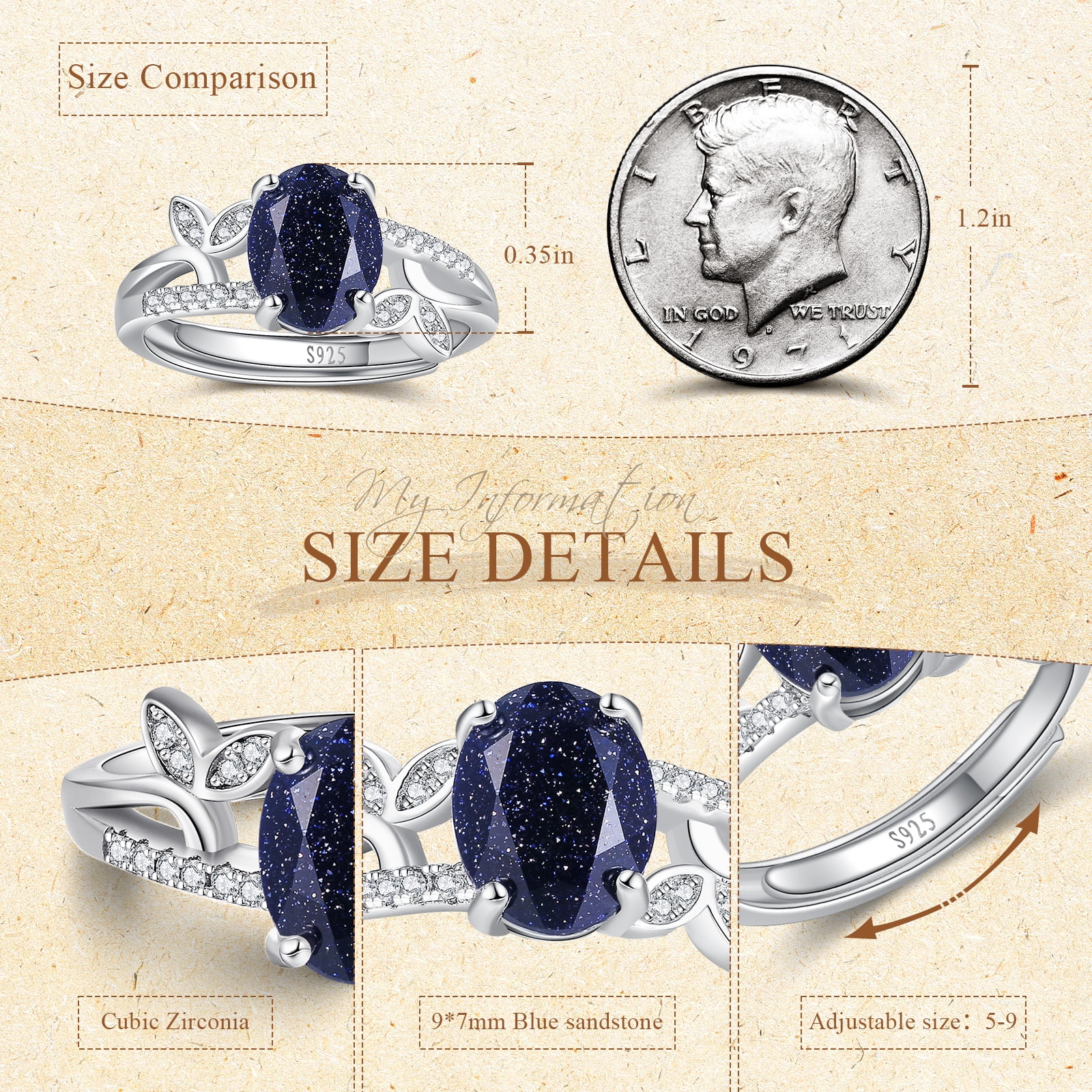 ★47bag ★ 925 Silver Silvia Gemstone Ring 664078 JQUEEN Blue Sandstone Ring for Women 925 Sterling Silver