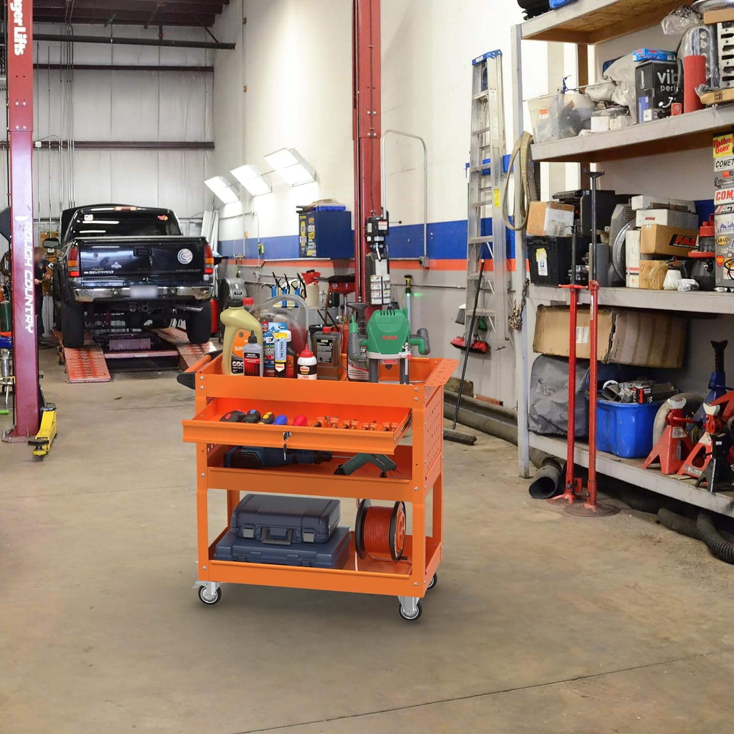 Odaof 4-Wheel Big Rolling Tool Storage Cart with Ball-Bearing Slides for Garage and Warehouse (Orange)
