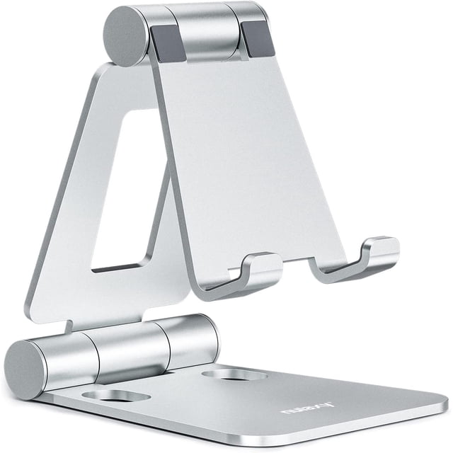 Soporte para teléfono celular, soporte para teléfono de escritorio ajustable totalmente plegable, base compatible con todos los teléfonos, plateado