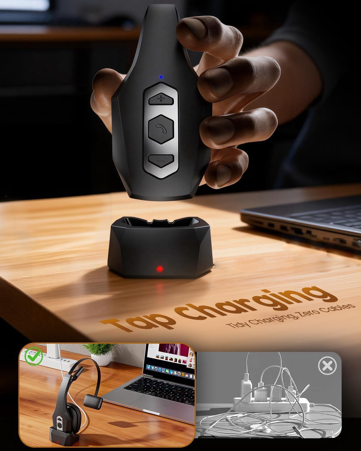 Bluetooth Headset with Charging Base Wireless Hands-Free Noise Canceling Microphone Mute Button 56-Hour Battery PC Computer Mobile Device Headset