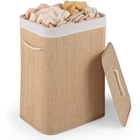 Alpinel Bamboo Laundry Hamper with Lid, Removable Liner & Portable Handles | 19 Gal Large Capacity Clothes Hamper, Rectangular Laundry Basket for Bedroom Bathroom Laundry Room, Natural Beige