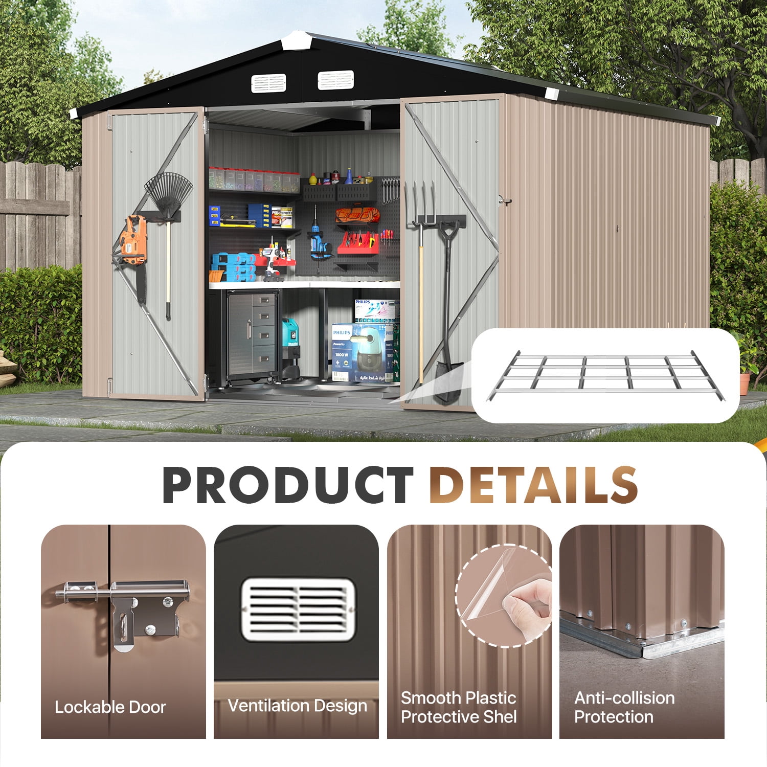 BaPiPro 10x8 ft Outdoor Metal Storage Shed with Base - Lockable Door & Waterproof, for Tools, Garden Equipment/Bikes, Brown