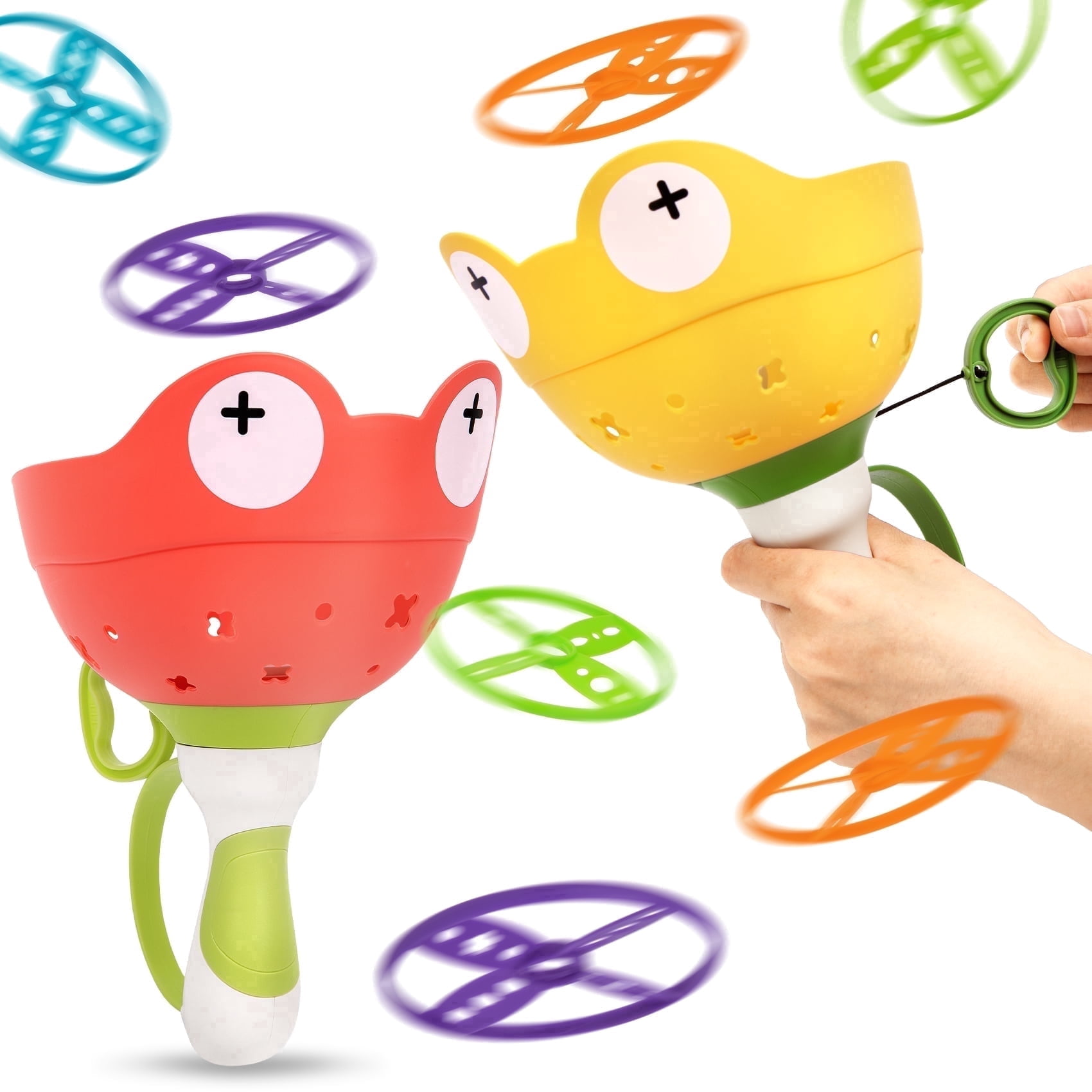 HiberyHom Outside Toys for Kids Ages 4-8, Flying Disc Launcher Toys 2 Pack, Manual Capture Catching Outdoor Games, Chasing Toy for Boys & Girls, Fun Family Yard Games