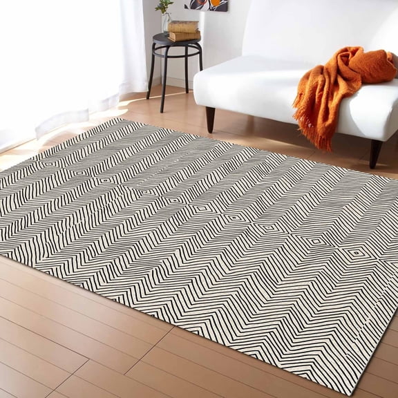 Area Rugs Indoor Non-Slip Rectangle Rug 5x8 Ft Art Deco Simple Black White Striped Rug Rubber Backing Floor Mats Non Shedding Home Decor Carpet for Entryway Living Room