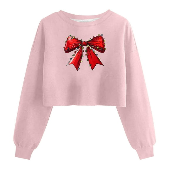 HOMBOM Christmas Sweatshirts for Women Merry Pink Essentials Crewneck Bow Crop Ladies Sweatshirt Xmas