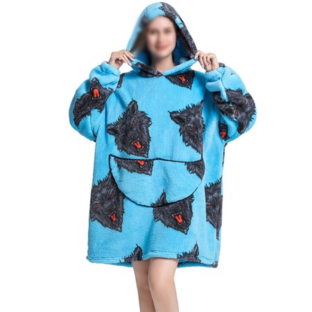 

Beiwei Ladies Nightwear Hooded Neck Woolen Blanket Long Sleeve Soft Bathrobe Animal Print Spa Robe Wolf Print
