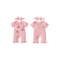thumbnail image 2 of Cjfdfy Newborn Baby Girl Summer Fall Clothes Infant Baby Girl Outfits 0 3 6 12 18 Months Pink Waffled Knit Romper Cute Cherry Flower Embroidery Ruffled Collar Short Sleeve Jumpsuit and Headband Set, 2 of 9