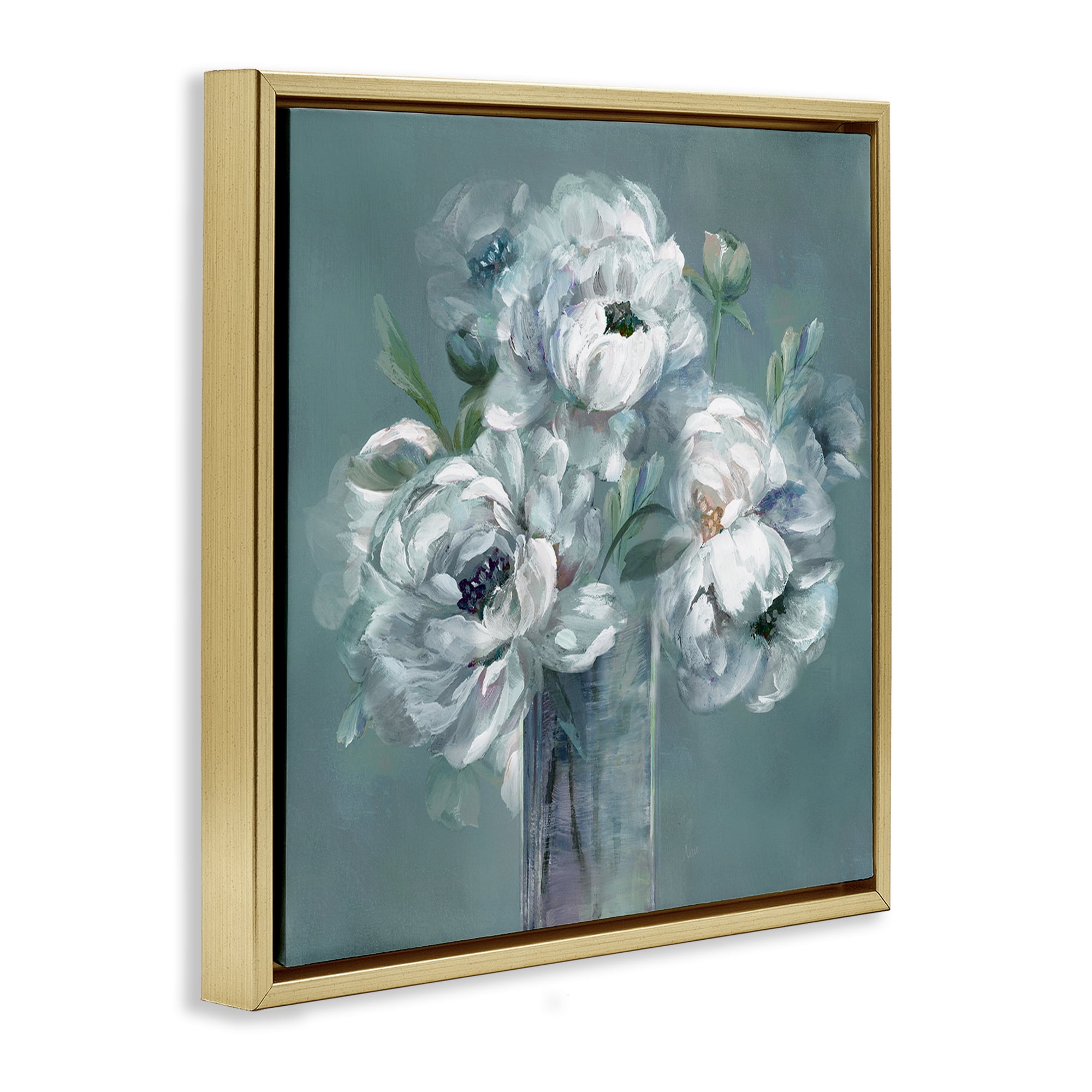 Stupell Industries White Peony Impression in Vase Gold Framed Floater Canvas Wall Art, design by Nan