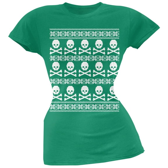 Big Skull And Crossbones Pattern Ugly Christmas Sweater Green Juniors T-Shirt - Large