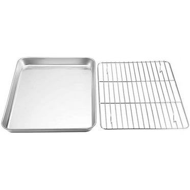 Small Toaster Oven Tray with Cooling Rack,Stainless Steel Small Toaster Oven Baking Pan and Cookie Sheet for Baking,Rectangle,Mirror Finish ,Thick & Sturdy