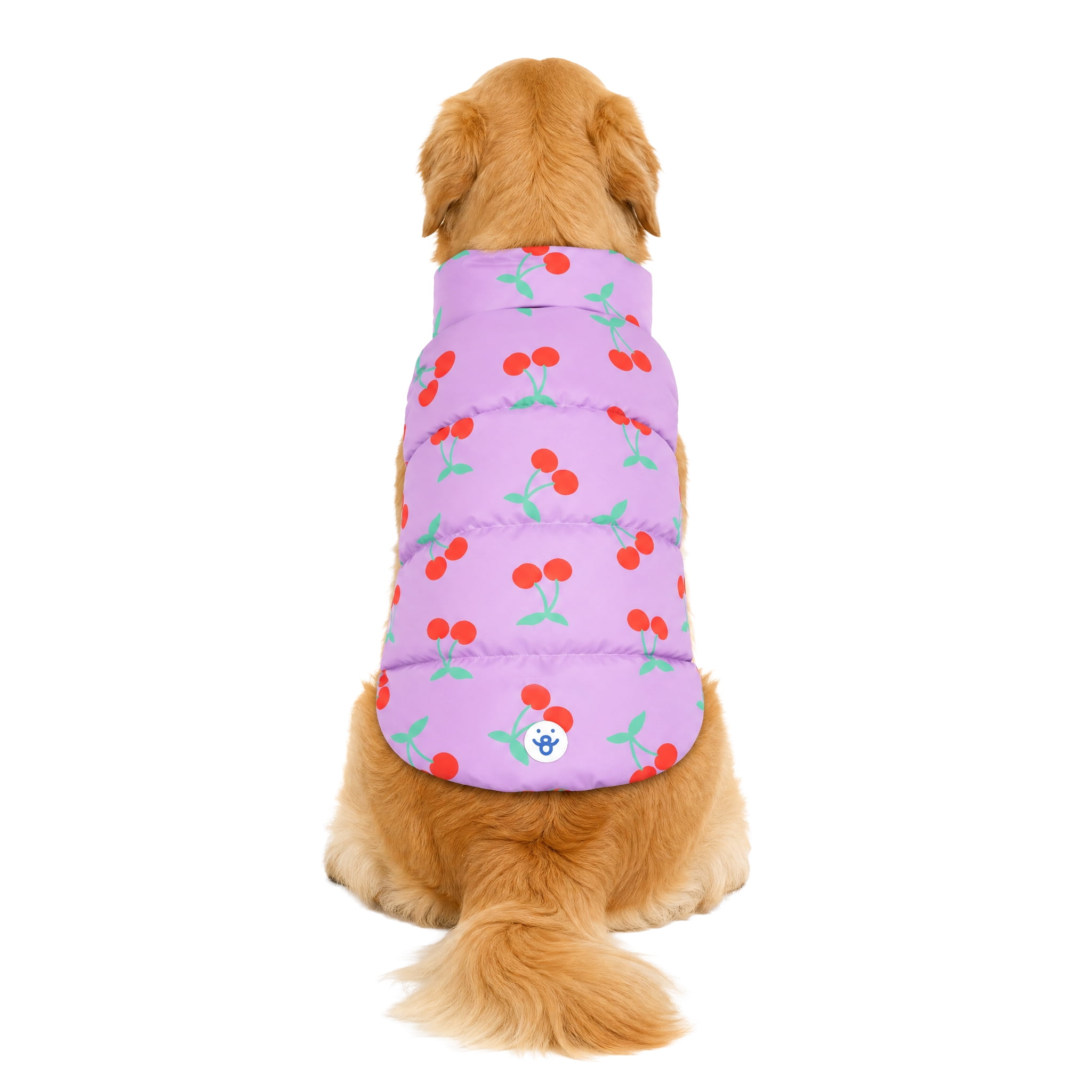 Oodles Cherry Print Quilted Puffer Fall Dog Jacket, Purple, XL