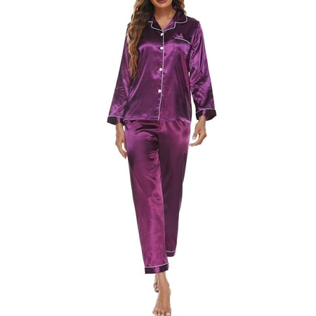 

Women Pajamas Set Long Sleeve Notched Collar Button Down Soft Satin Pjs Sleepwear