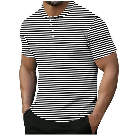 ohmzyzo Henley Shirts for Mens Striped Print Short Sleeve T-Shirts Summer Casual Regular Fit Tee Tops with Buttons Black L