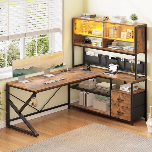 Modern L Shaped Computer Desk with 2 Drawers, Open Storage Shelves and Glass Cabinet, Corner Office Desk with LED Lights for Home Office, Living Room, Bedroom