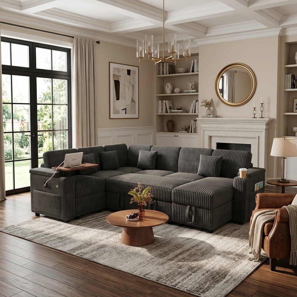 Howcool 100" Oversized Sleeper Sectional Sofa with Pull-Out Bed,U-Shape Corduroy Modular Sofa Couch with USB Ports & Storage,Dark Gray