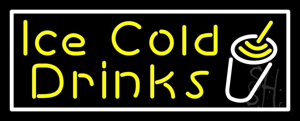 Yellow Ice Cold Drinks LED Neon Sign 13 x 32 - inches, Black Square Cut ...