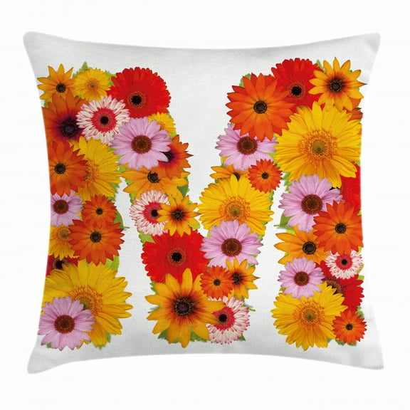 Letter M Throw Pillow Cushion Cover, Flower Alphabet with Gerbera Daisies Natural World Written Language Summer Foliage, Decorative Square Accent Pillow Case, 24 X 24 Inches, Multicolor, by Ambesonne