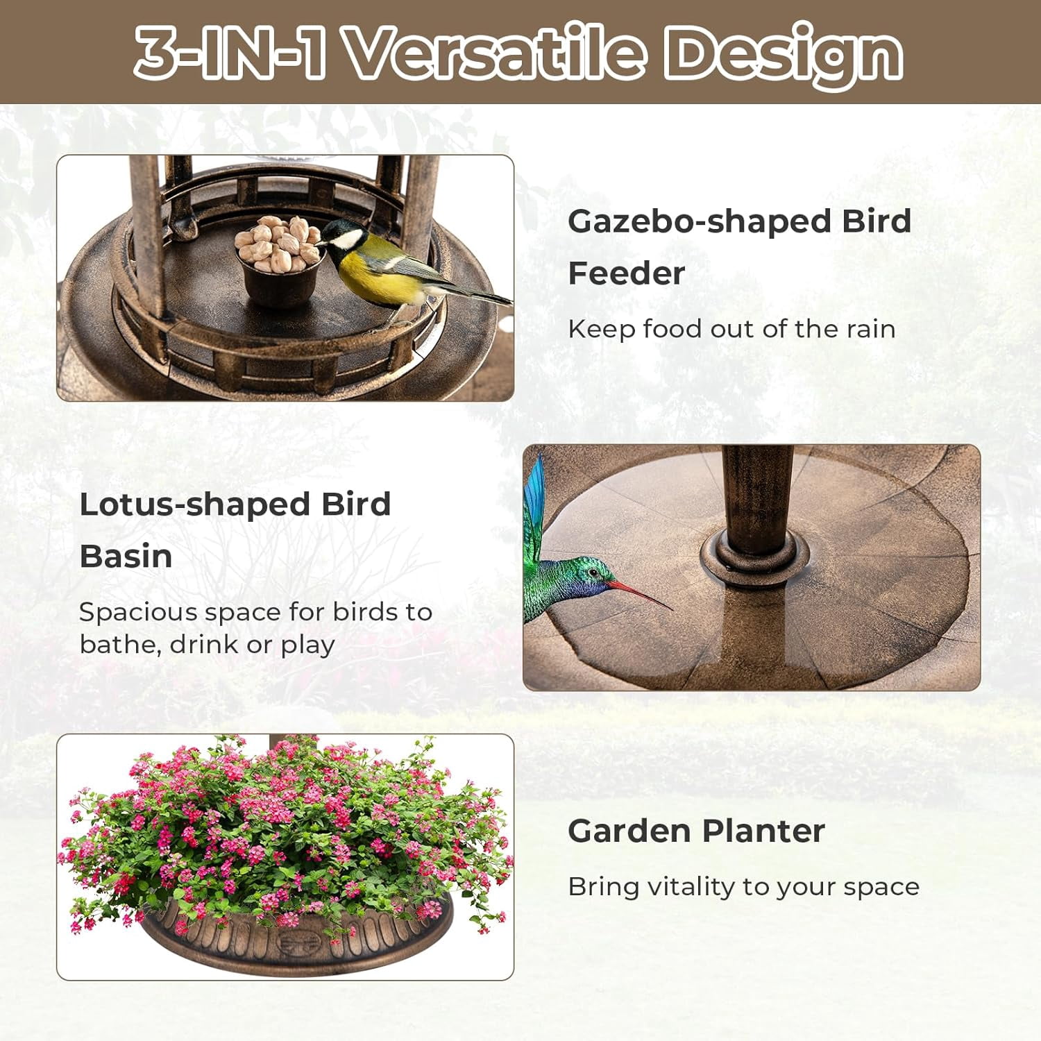 WBTER 42 inch Bird Bath Solar Lighted, Pedestal Bird Bath with Bird Feeder, Flower Planter Base, Solar Powered Lamp, 3 Ground Stakes, Standing Birdbath for Outside Garden Yard Outdoor (Bronze)