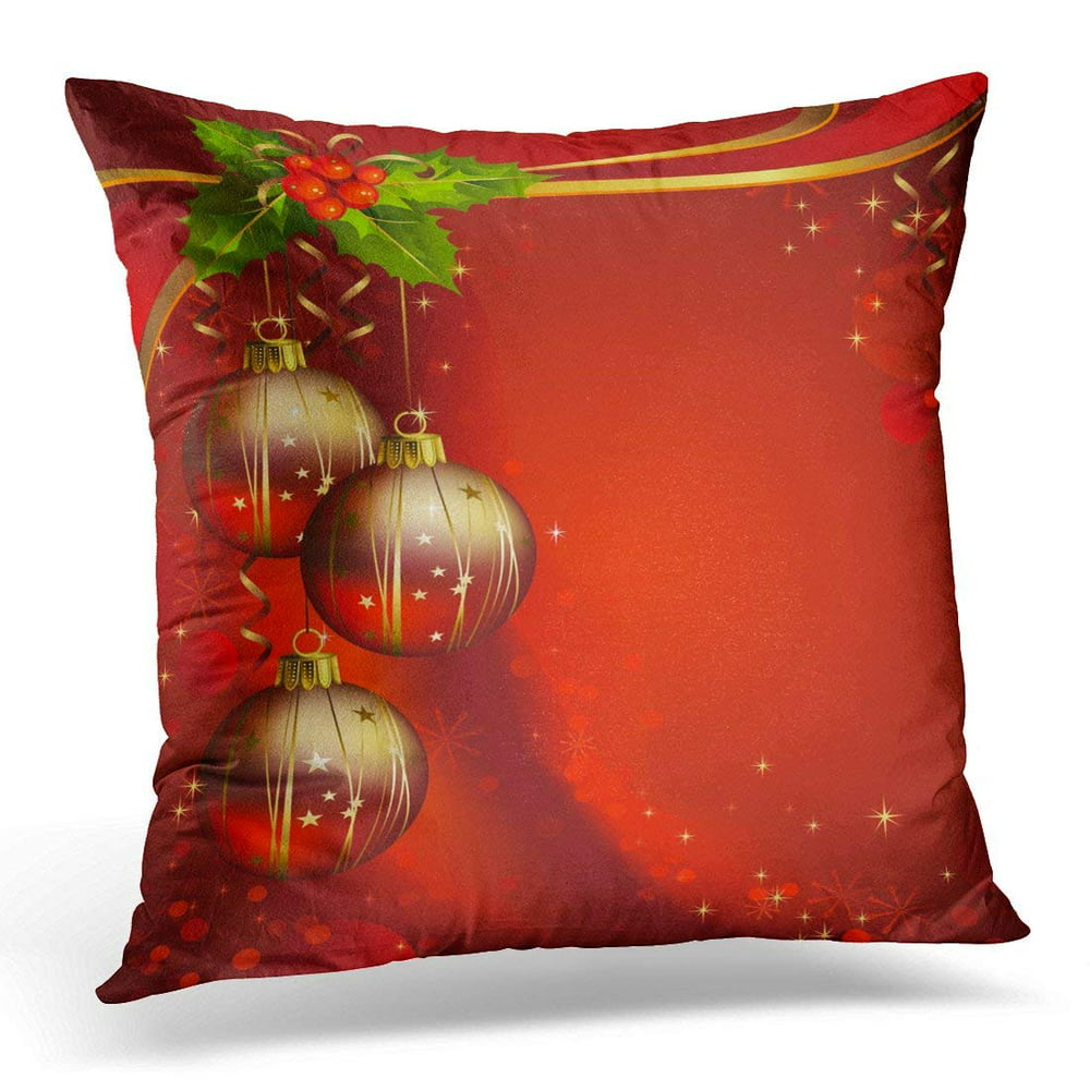 ARHOME Bauble Three Shiny Ball on The Red Christmas Holly Pillow Case Pillow Cover 20x20 inch