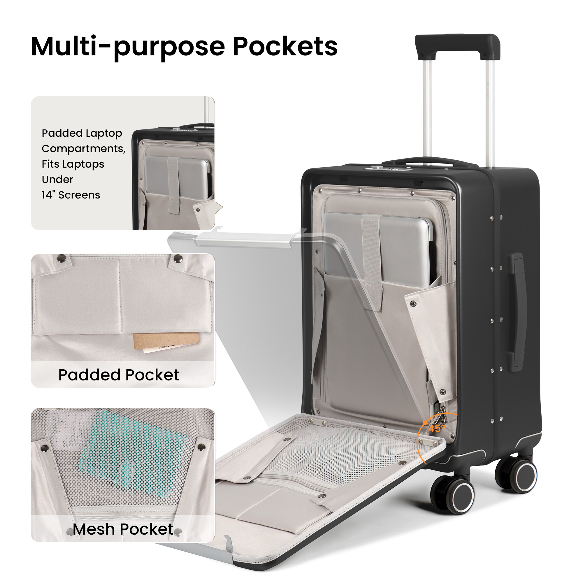 New York Xpress 20" Zipperless Carry-on Luggage, Hardside Aluminum Frame Suitcase with Spinner Wheels, TSA Approved, Black - LA266
