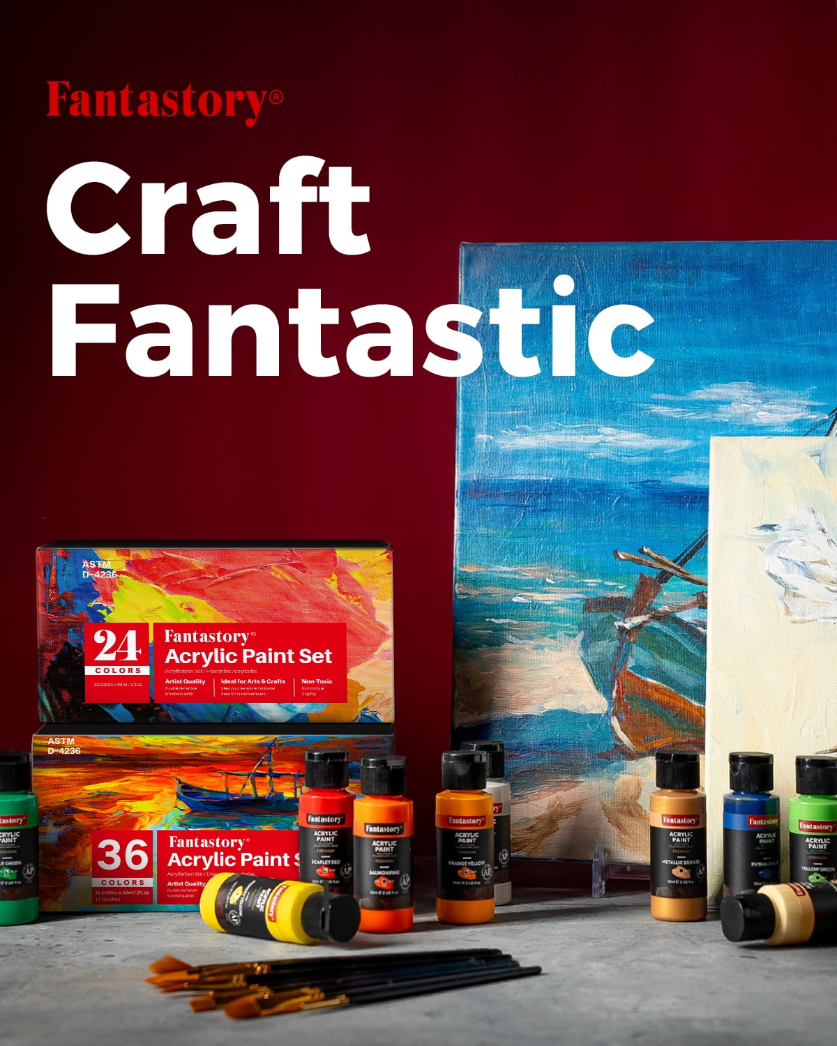 Acrylic Paint Set - 24 Classic Colors (2oz), Craft Paint Kit with 12 Brushes