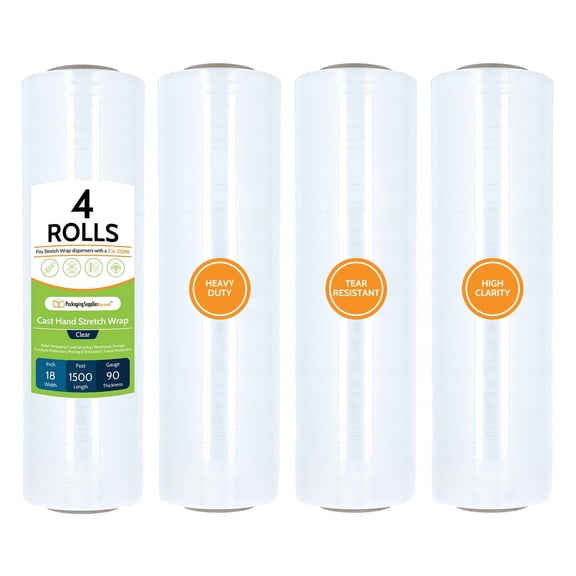 PSBM Hand Stretch Wrap 18" x 1500' 4 Rolls 90 Gauge Clear Plastic Shrink Film/Wrap, Heavy Duty Industrial Strength Up to 800% Ultimate Stretch, Plastic Wrap for Moving, Packing, Shipping & Storage