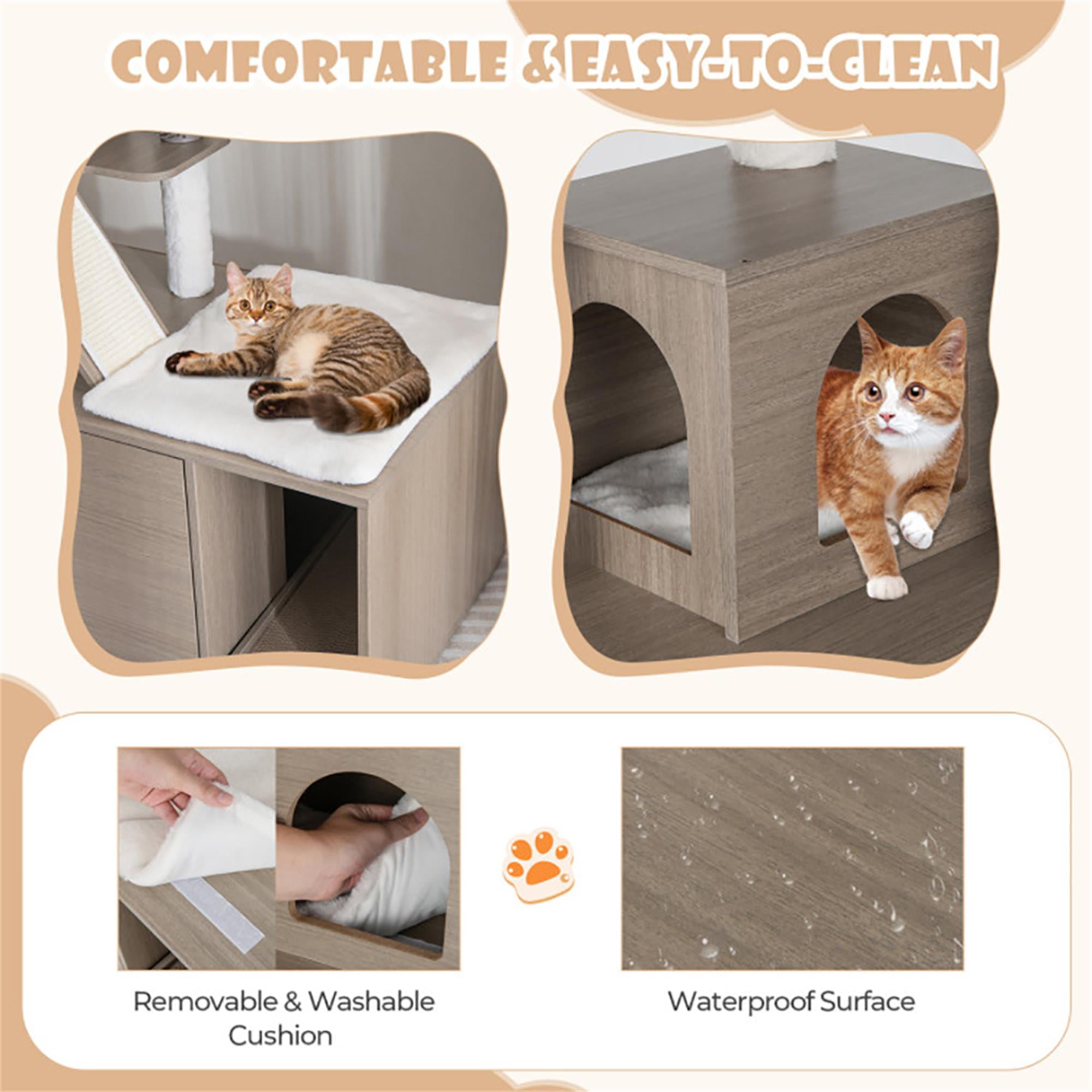 Kadyn 68" Cat Tree with Wood Litter Box Enclosure, All-in-one Indoor Cat Furniture with Large Platform and 2 Condo, Modern Style Cat Tower, Gray