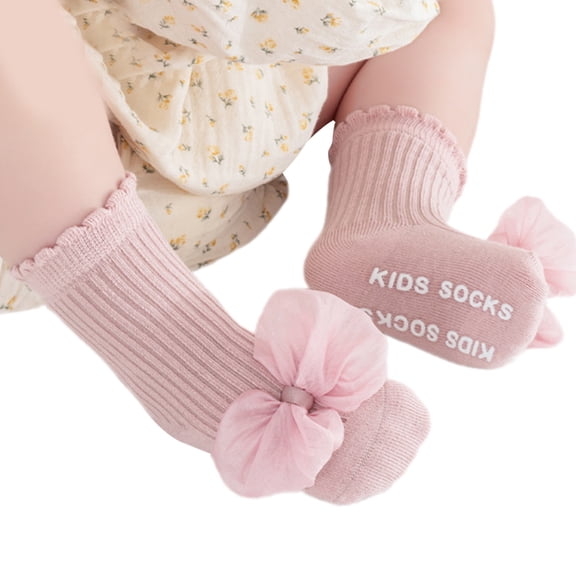 Girls Cotton Knee Socks with Not Slip Bottom & Lovely Lace Bowknot Learn to Walk Socks Not Skid Socks for Ages 1 to 5