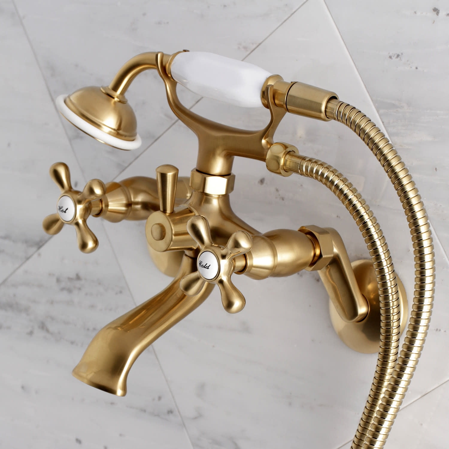 Kingston Brass KS266SB Wall Mount Clawfoot Tub Faucet with Hand Shower, Satin Brass